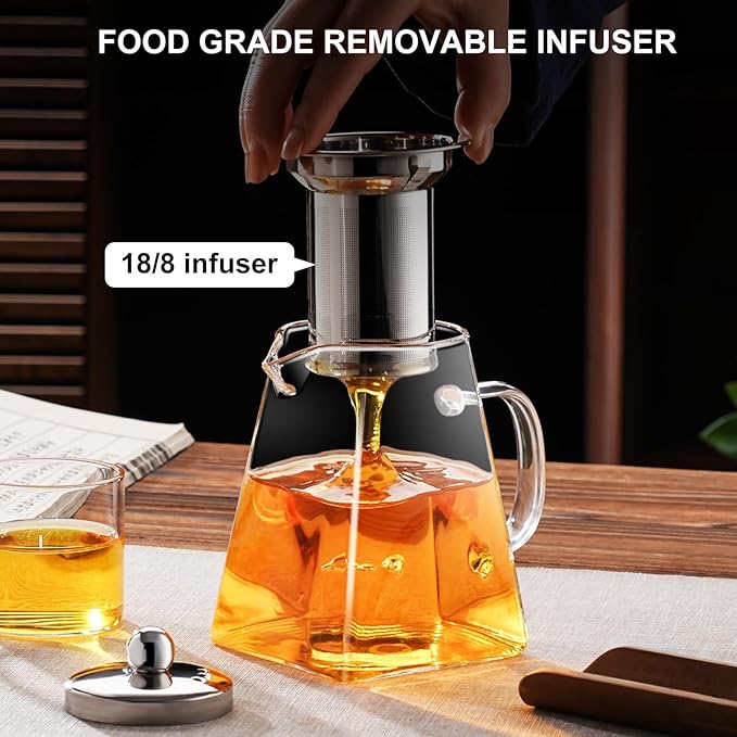 PARACITY Clear Glass Teapot with Infuser, Square 18.6oz Stovetop Tea Kettle | Borosilicate glass spans -68°F to 302°F; 18/8 stainless steel strainer makes it a tea maker for loose leaf and blooming tea