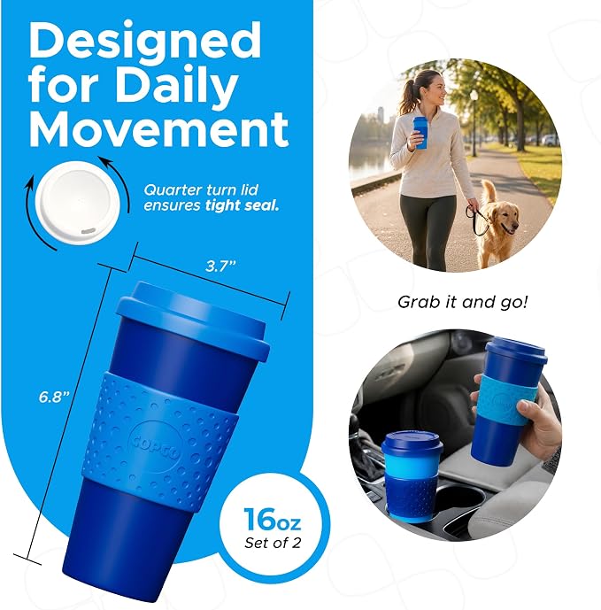 Copco 16oz Acadia Travel Mug, Set of 2 - Double-Wall Insulated, Navy & Blue | Double-Wall Insulated BPA-Free Travel Mugs - Quarter-Turn Lid & Textured Non-Slip Grip for Easy Travel