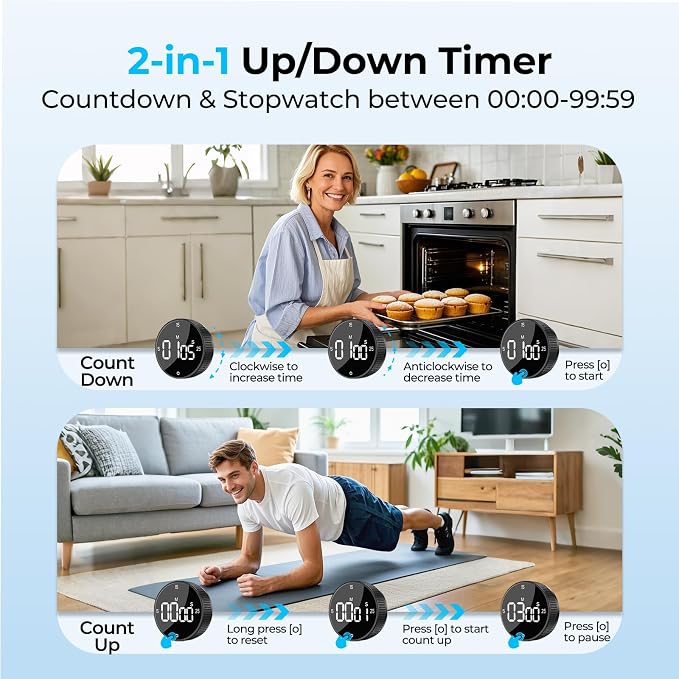 Digital Magnetic Kitchen Timer for Cooking, Large LED Countdown Timer, Rotating Pomodoro Timer, Volume Adjustable, 5/15/25 Min Presets for Kitchen Classroom Grilling Studying