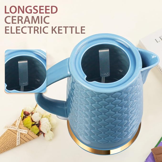 1.5L Ceramic Electric Kettle, 1200W Fast Boil Retro Tea Pot with LED Light, BPA-Free Porcelain Cordless Water Boiler, Auto Shut-Off & Boil-Dry Protection, Blue Relief Carving