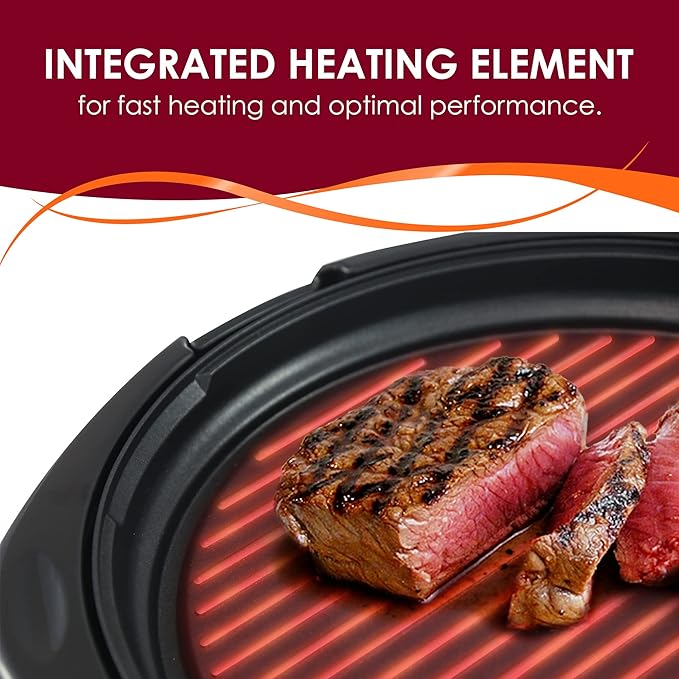 Elite Gourmet EMG-980BX Indoor Electric Round Grill, Non-Stick, 14" Black | Cool-touch handles, fast heat-up, dishwasher-safe with glass lid - great for low-fat meals, easy cleanup