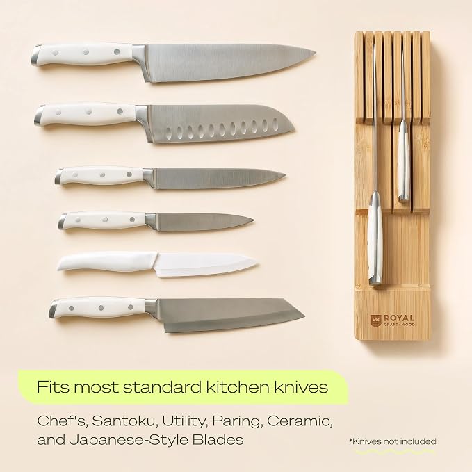 Bamboo In-Drawer Knife Block for 7 Knives – Premium Drawer Knife Organizer Insert, Kitchen Knife Holder for Safe Knife Storage, Compact Kitchen Organization & Drawer Storage