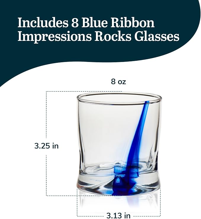 Libbey Blue Ribbon Rock Glasses Set of 8, Artisan Inspired Four-Dimple Shaped Whiskey Glasses Set, Dishwasher Safe Short Drinking Glasses for Families