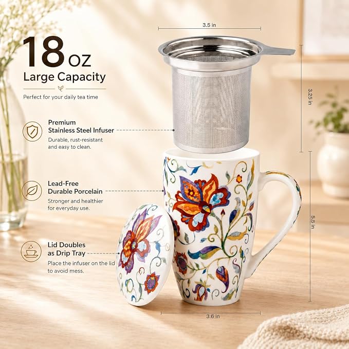GBhome Tea Mug with Infuser and Lid,18 Ounce Ceramic Loose Leaf Cup Steeper | Lead-Free Glaze For Tea Lovers,Microwave & Dishwasher Safe with Tea Strainer