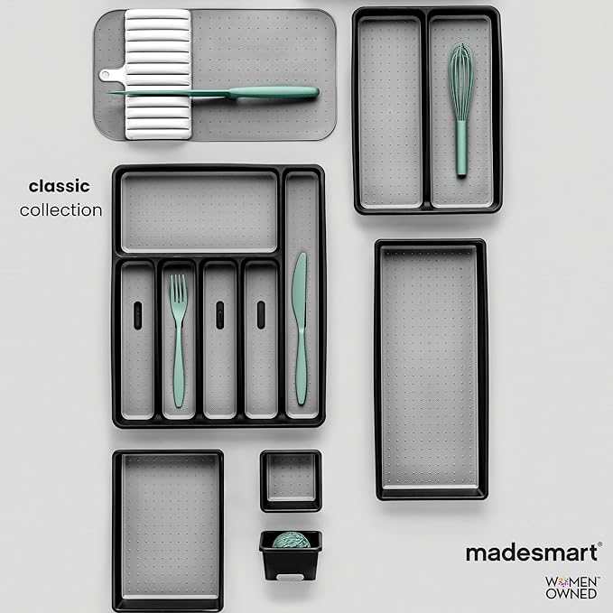 madesmart Classic 3 Bin Drawer Organizer Set, Granite | non slip feet, rounded corners, modular layout, mixed sizes, custom fit, office craft supplies, makeup tools, woman owned