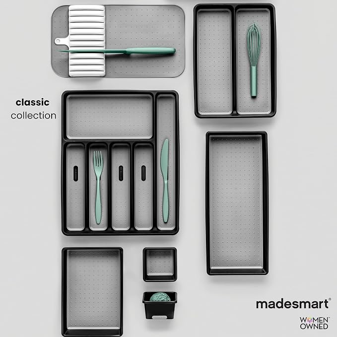 madesmart Classic 2 Compartment Compact Kitchen Tool Tray, White | non slip feet, rounded corners, soft grip lining, wide channels, spatulas whisks tongs, ladles serving spoons, woman owned