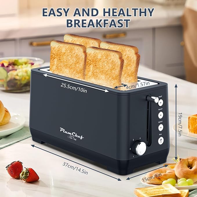 Plum chef 4-Slice Toaster, Extra Wide Long Slot Toaster, 6 Browning Settings, Bagel/Defrost/Reheat Functions, Removable Crumb Tray, Stainless Steel Housing 1350W，Black