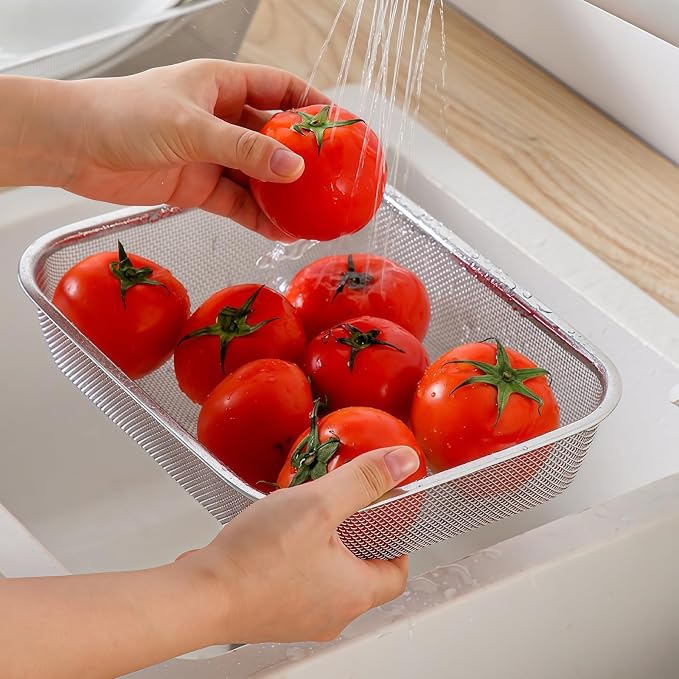 18/8 Stainless Steel Fine Mesh Strainer Basket with Feet, Rectangular Colander for Vegetables, Fruits, Pasta, Noodles – Rustproof, Durable & Easy to Clean (7.48 inch)