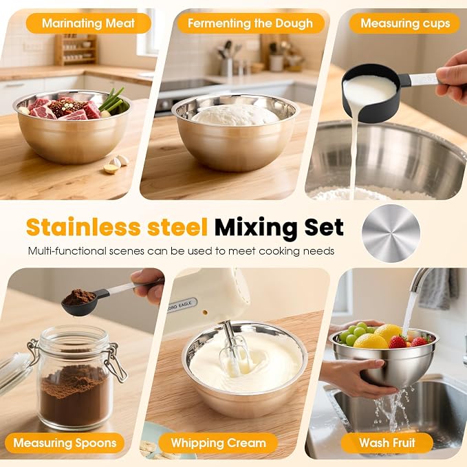 Lord Eagle 5-Speed Hand Mixer Electric With 4 Mixing Bowls Set | 300W Lightweight Kitchen Handheld Mixer with Measuring Cups & Spoons, Stainless Steel Bowls, Baking Supplies for Cake, Cream