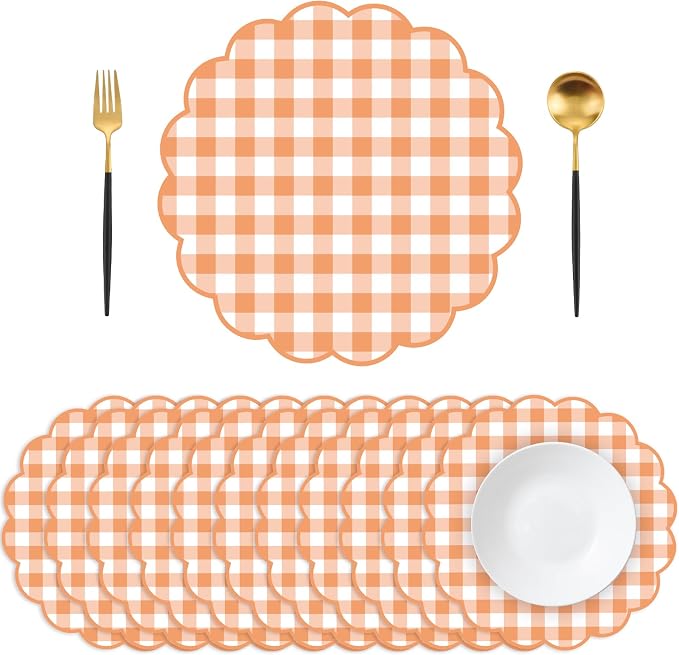 50 Pcs Fall Paper Placemats, 13.5 Inch Orange Gingham Paper Placemats Fall Scalloped Placemat for Autumn Thanksgiving Home Wedding Birthday