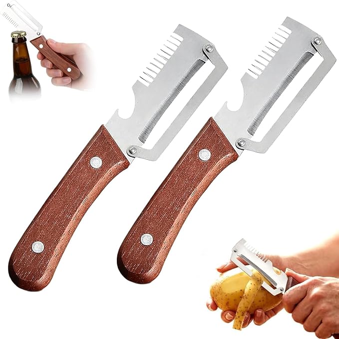 2026 Upgrade Multi-Functional Vegetable Peeler, 3 in 1 Multi Functional Wooden Handle Peeler and Bottle Opener, Kitchen Gadgets Tool for Fruit Pumpkin Peeling Potato Carrot Veggie Peeler (2)