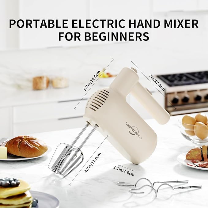 Hand Mixer Electric 5-Speed Upgraded Motor Turbo White | Electric Handheld Hand Mixer with Stainless Steel Beaters&Dough Hooks,Turbo Ultra Power Plus Eject Button for Cakes and Eggs