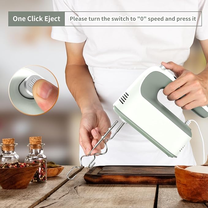 Yomelo 9-Speed Digital Hand Mixer Electric, 400W Powerful DC Motor, Hand Mixer Electric Handheld with Snap-On Storage Case, 5 Stainless Steel Accessories, Beaters, Dough Hooks, Whisk(Light Green)