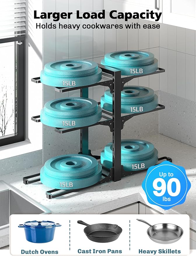 MUDEELA 6-Tier Heavy Duty Pots and Pans Organizer under Cabinet, 13.78" H | Work as a Single or Double-sided, Adjustable Pot Rack for Frying Pan, Cast Iron Skillet, Fits Various Cookware up to 12"