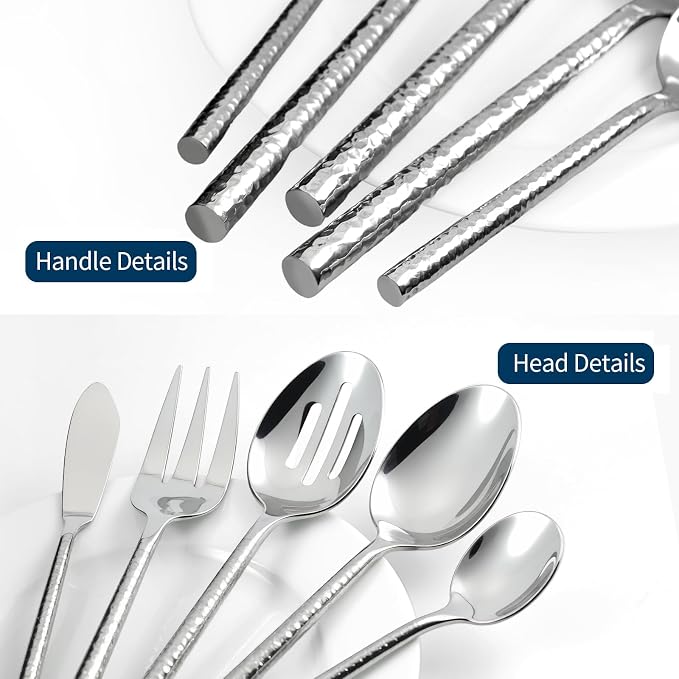 Silverware Set Hammered 45 Piece with Serving Set Service for 8 | 18/10 Stainless Steel Flatware Set, Heavy Duty Utensil, Cutlery Set for Home Party Wedding, Mirror Polished Dishwasher Safe