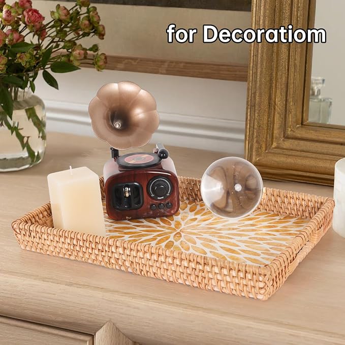 Rectangle Rattan Tray with Mother of Pearl Inlay, Rattan Serving Tray with Handle for Coffee, Bread, Fruits, Snacks, Decorative Wicker Tray for Table Decor (Rectangle Amber Leaf, 13"×9")