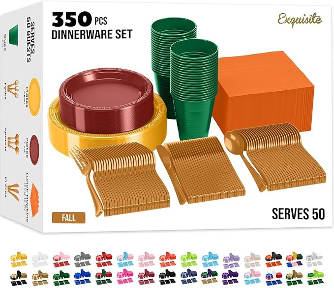 350 Pcs Thanksgiving Plastic Plates For Party, Thanksgiving Disposable Plates Set, 50 Of Each 9" Dinner Plate Set, 7" Dessert Plate, Cups, Napkins & Cutlery Plastic Dinnerware Exquisite