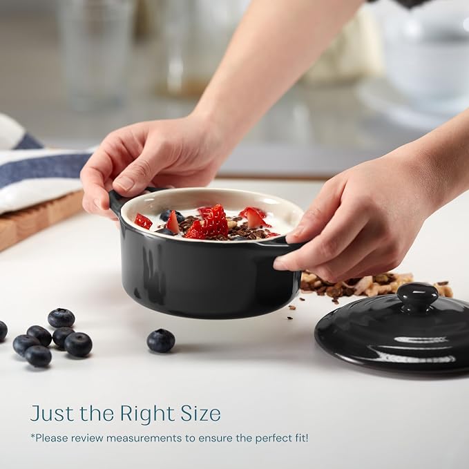 Kook Ceramic Mini Cocotte Set, Small Casserole Dishes with Lids and Handles, Individual Baking Ramekins, Oven safe 350F, Microwave & Dishwasher Safe, Stoneware, 12 oz, Set of 4, (Black)