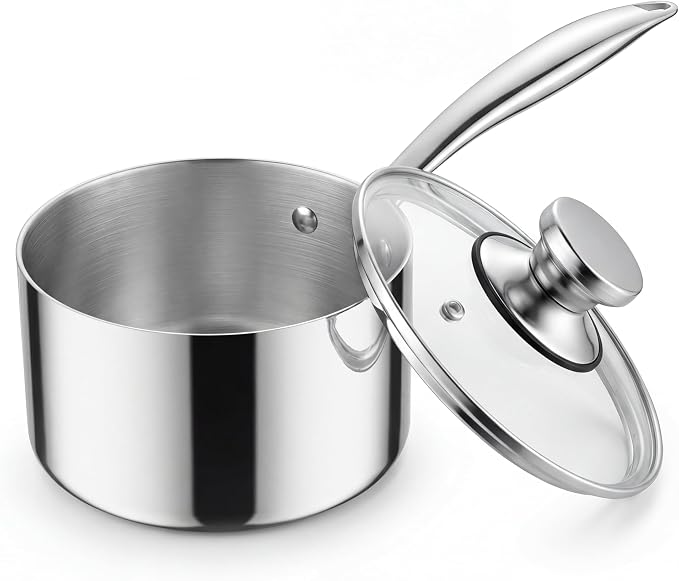Homikit 1 Quart Saucepan, Tri-Ply Stainless Steel Sauce Pan with Lid, 1QT Small Induction Cooking Pot with Ergonomic Handle, Small Pan for Making Sauce, Warming Milk, Boiling Eggs, Dishwasher Safe