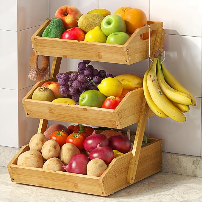 3-Tier Bamboo Fruit Basket with 2 Banana Holders | Large tiered organizer for bread, snacks, veggies. Sturdy bamboo, includes mats & dividers. Easy to assemble.
