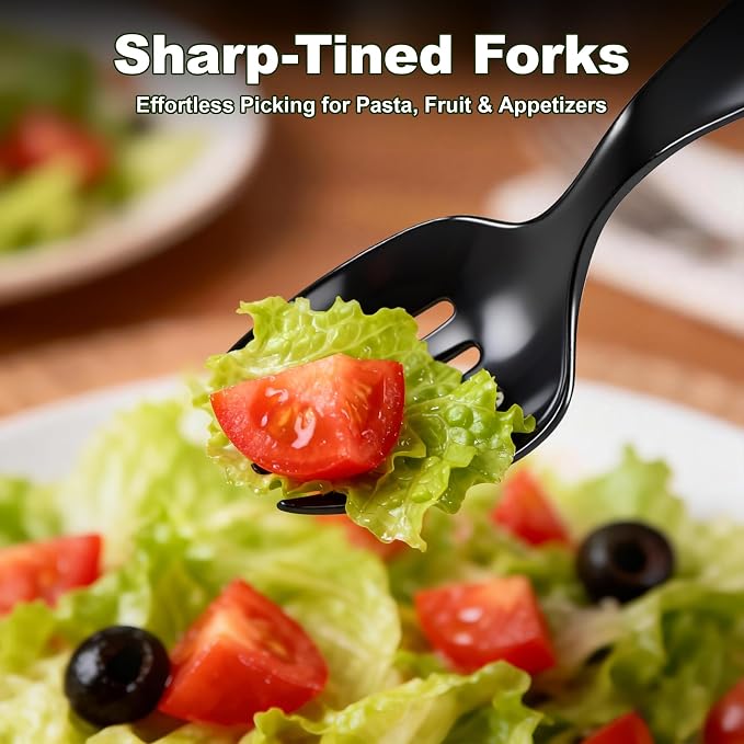 36Pcs Disposable Plastic Serving Utensils Set, 12 Black Spoons, 12 Forks, 12 Tongs, 9-Inch for Party Buffet Catering Events, Heavy Duty and Ergonomic Design