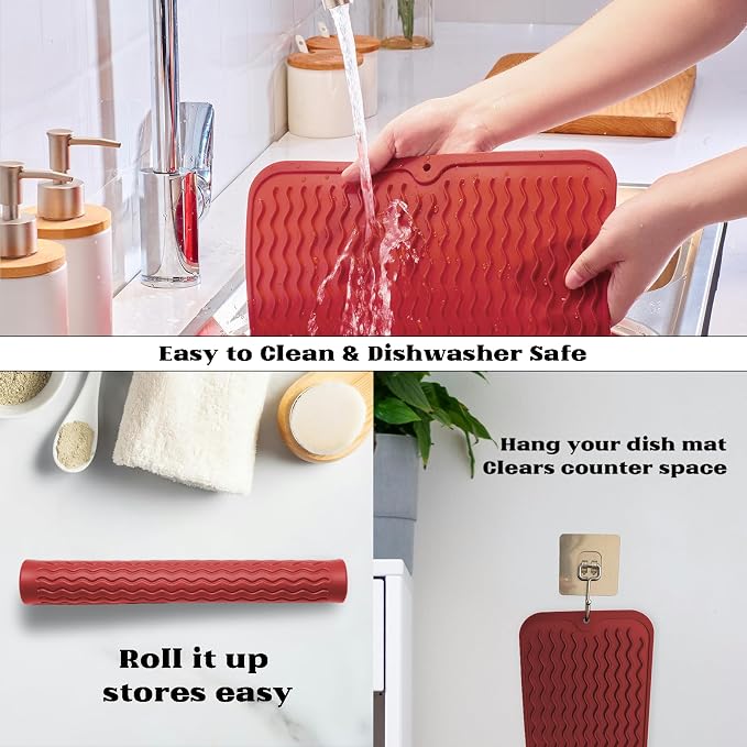 ZLR Silicone Dish Drying Mat for Kitchen Counter, 16"x12", Lava Red | Fast-Dry Wavy Ridges, Raised Edges Contain Water, Heat-Resistant Trivet to 450°F, 5mm Thick, Non-Slip, Dishwasher Safe