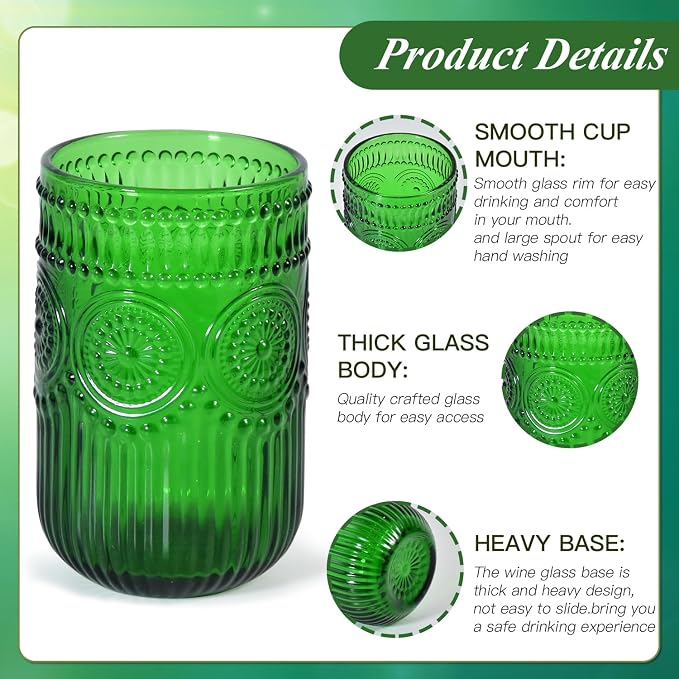 CHLJAR Christmas Green Vintage Wine Drinking Glasses Set of 6, 14 oz hobnail drinking glasses Glassware Embossed Green Water Tumbler for Beer, Juice, Cocktail, Whiskey, Milk