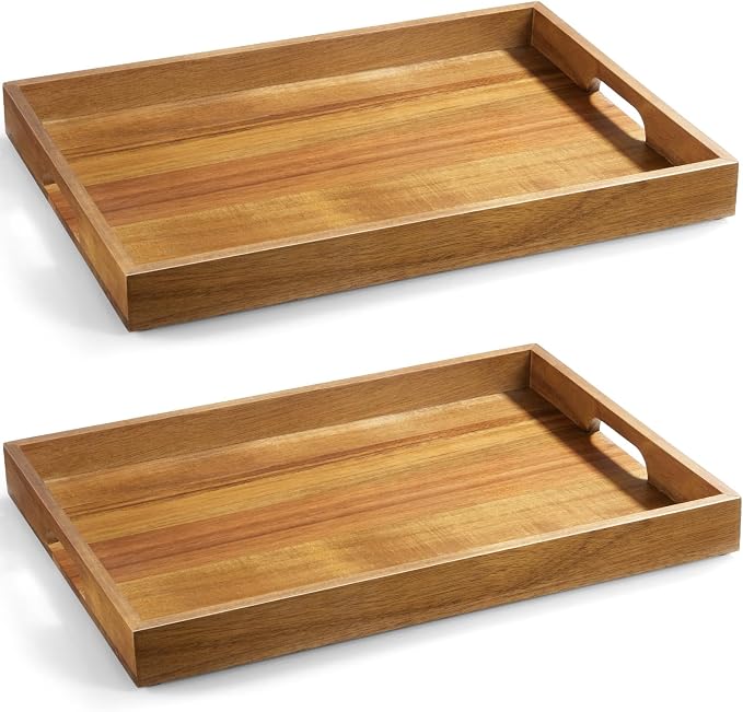 2 Pack Acacia Wood Serving Tray with Handles - 17 Inch Large Wooden Tray for Ottoman, Breakfast in Bed, Dinner, Coffee Table
