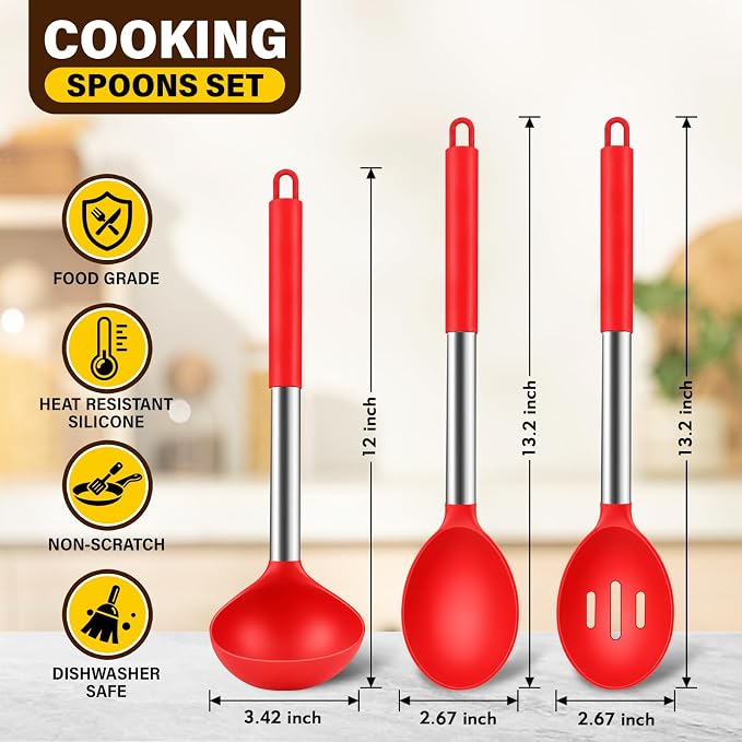 3Pcs Silicone Cooking Spoon Set, Kitchen Utensils Include Solid & Slotted Spoon, Soup Ladle, Food-Grade Heat Resistant 446°F, Non-Scratch Spoons for Serving, Stirring, Draining, Dishwasher Safe, Red