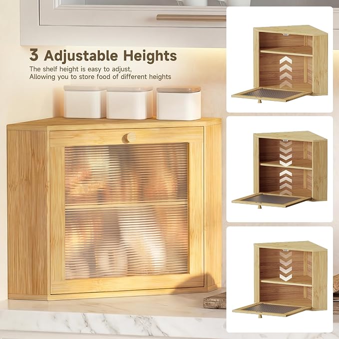 Bread Box for Kitchen Corner Countertop,Large Bread Basket (Natural,Large) | Double Layer Bamboo Bread Storage Container for Kitchen Countertop,Height Adjustable