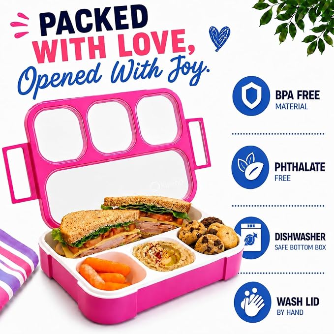 kinsho Bento Lunch Box for Kids Adults, 4 Sealed Divided Compartments, Portion Control Meal or Snack Containers for Boys Girls Women Men, School Work BPA Free with Utensils, Blue + Rose Pink 2 Pack
