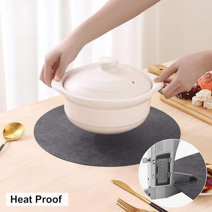 Round Faux Leather Placemat and Coaster 6 Packs, Washable Heat Resistant Dining Place Mats, Wipeable Double-Sided Table Mats for Indoor and Outdoor, Diameter 13 and 3.93 inch, Charcoal