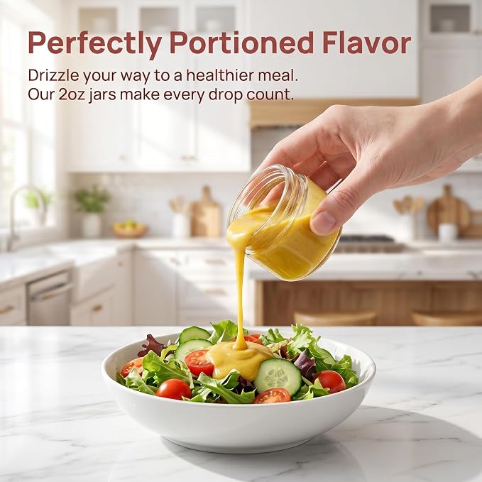2 oz Glass Dressing Containers With Lids, Sauce Jars for Lunch, 6pk | Airtight ,BPA Free,Perfect for salad dressing sauce dip condiment to go lunch box Accessories , Dishwansher safe