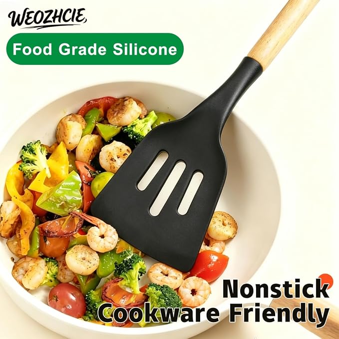 Silicone Cooking Utensil Set,10 PCS Cooking Kitchen Utensils Set, Nonstick Kitchen Utensils 446°F Heat-Resistant Cookware Tools of Spoon,Brush,Whisk,Spatula,Turner Tongs (Black)