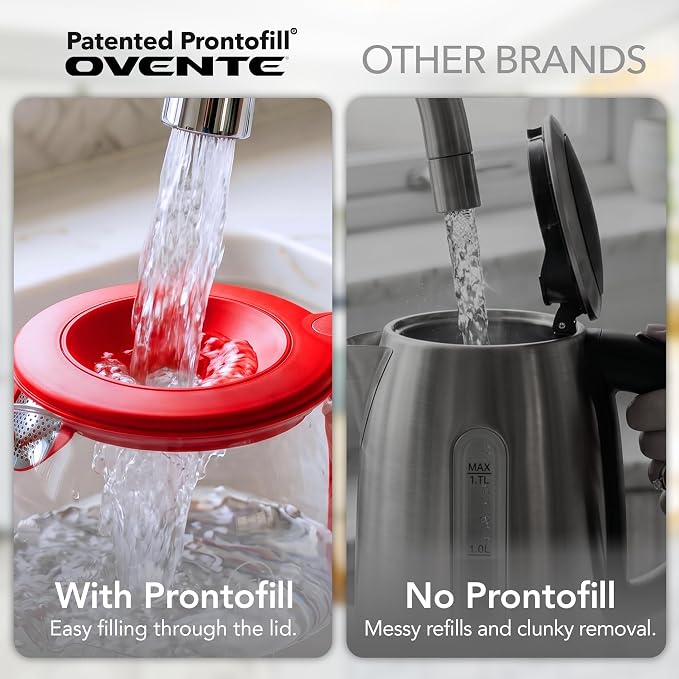 OVENTE 1.5L Glass Electric Kettle Water Boiler, Red KG516R | 1500W Fast Boiling, Easy Fill Lid, Stainless Steel Filter, LED Indicator, Auto Shut-Off, Boil-Dry Protection, 360° Base