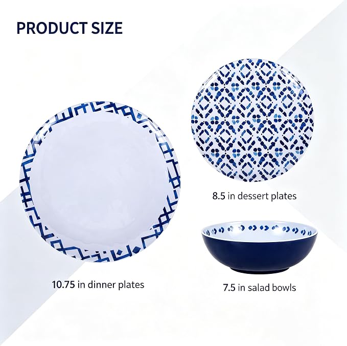 12pcs Melamine Dinnerware Set - Unbreakable Plates and Bowls Set | Blue Grid Stripes Dinner Dish Set for Indoor/Outdoor Use - Modern Style Service for 4 - Break-Resistant Dishwasher Safe