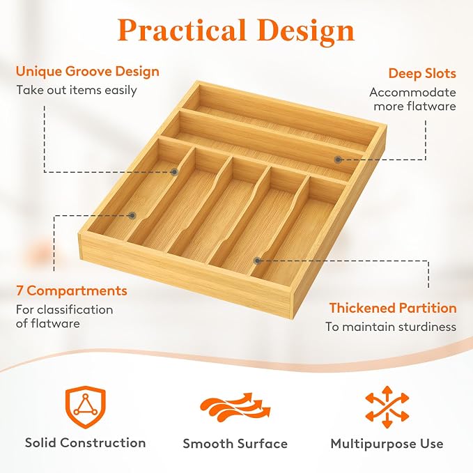 Lifewit Bamboo Silverware Tray for Drawer, 12.9 x 16.5 | Utensil Organizer for Kitchen, Flatware and Cutlery Holder, Storage for Spoons Forks Knives, Natural