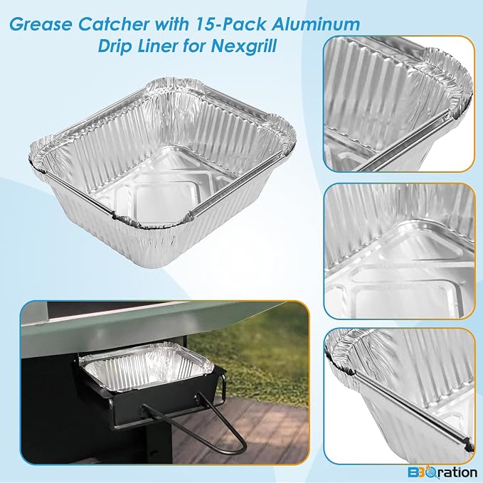 Universal Grease Pan for Nexgrill 720-0830X 720-0830H 720-0888 720-0888S 720-0896B 720-0896 Cuisinart CGG-7400, Grease Catcher with 15-Pack Aluminum Drip Liner for Nexgrill Replacement Parts