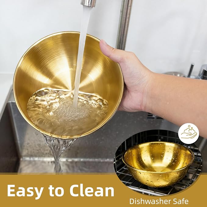 3-Set Stainless Steel Golden Mixing Bowls Set (8.26"+7.1"+6.3"), Metal Bowl with Measurement Marks, Dishwasher Safe & Stackable - Perfect for Baking, Salad Making, Meal Prep and Kitchen Use