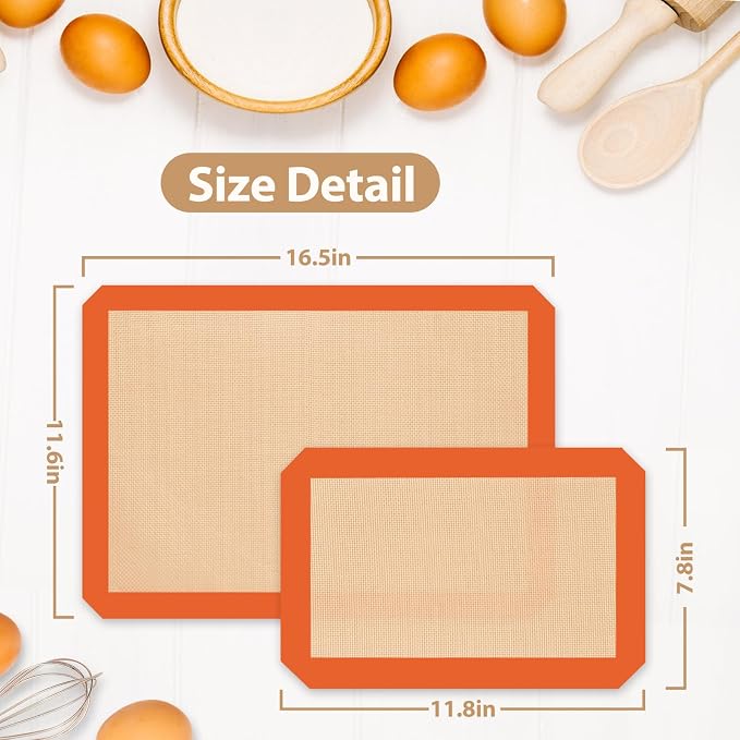 Silicone Baking Mat, Reusable Silicone Oven Baking Sheet | Pack of 3, 2 Half & 1 Quarter Sheet, Heat Resistant, Nonstick Food Safe Baking Mat, for Cookie, Bread, Pastry (Orange)