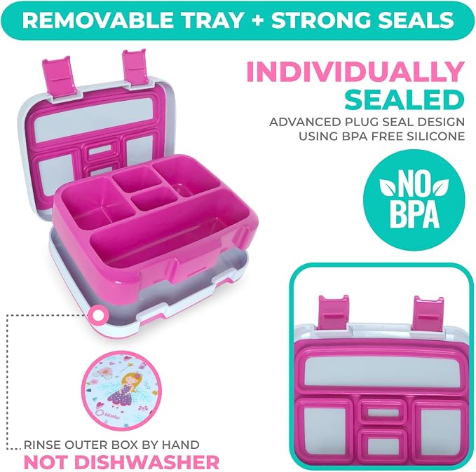 kinsho Bento Lunch Box Container for Small Kids Girls, Pink Fairy Princess | 5 Portion Sections, BPA-Free Spill-Proof Leakproof Removable Plastic Tray, Snacks and Lunches for Toddlers Pre-School Daycare