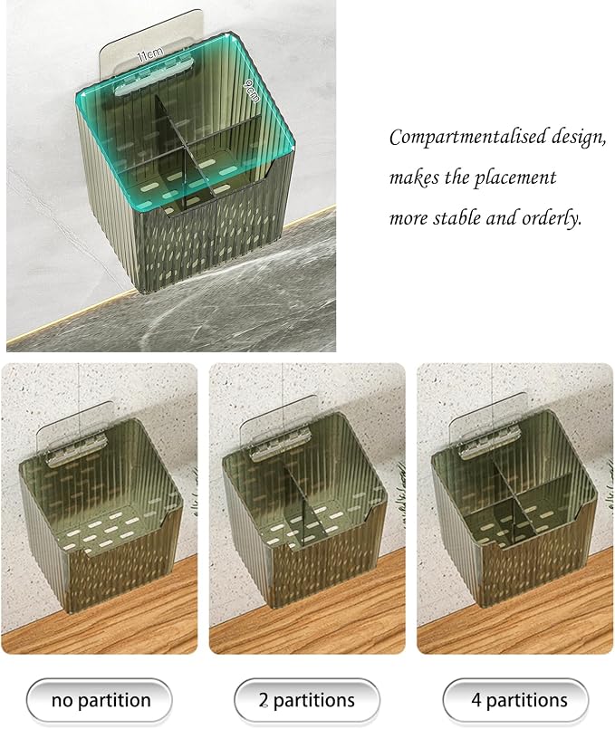 Lae Nuvole 2Pcs Storage Organizer Bins, Wall Mount Toothbrush Holder, Green | with Dividers & 4 Adhesive Pads, No Drill, Renter Friendly, BPA-Free PET; Fits Bathroom, Apartment, RVs, Cabinet/Pantry Door