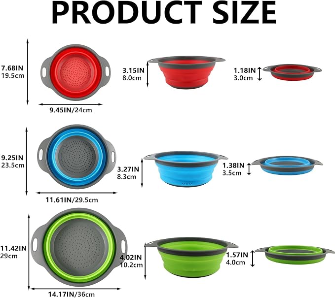 Collapsible Colander Set, 3 Pack Silicone Kitchen Strainer Set, Space Saving Design, Small Round Colander Baskets for Draining Pasta, Vegetable and fruit, (3Qt+4Qt+5Qt)