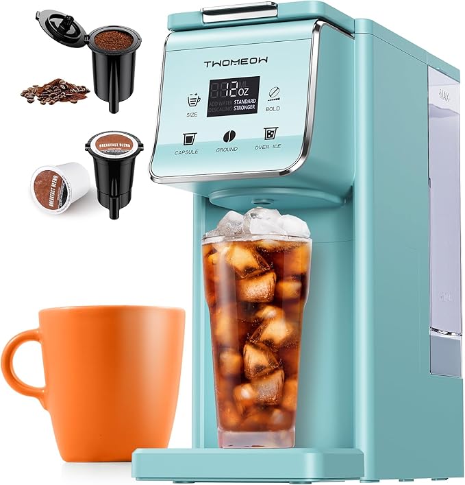 K Cup Coffee Maker, Single Serve Hot & Iced for K-Cup & Grounds | 52oz Removable Reservoir, Single Cup Coffee Maker with Bold Setting, 6-14oz Brew Sizes, Reusable Filter, Compact Design, Blue