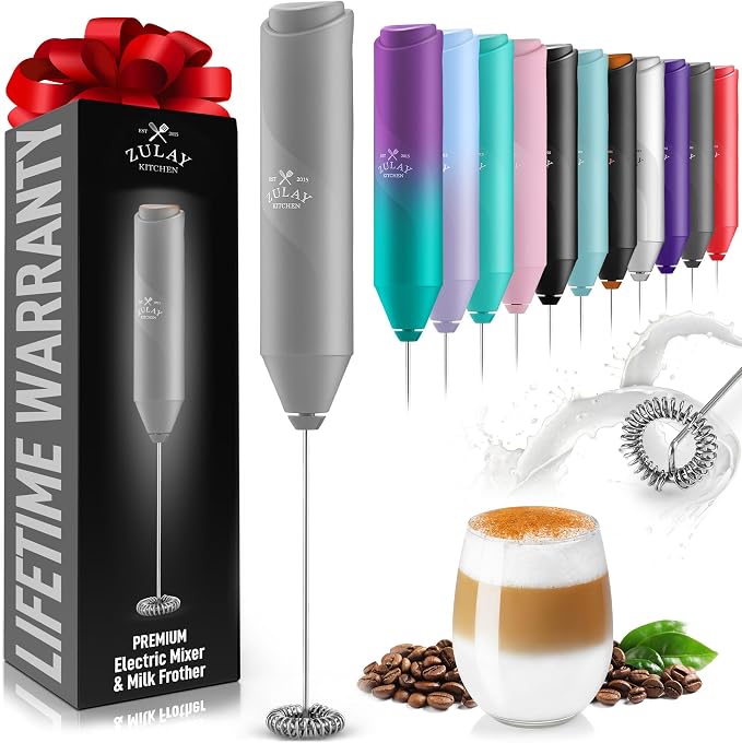 Zulay Kitchen Powerful Milk Frother Wand - Handheld Stainless Steel - Battery Operated Drink Mixer for Coffee, Lattes, Cappuccino, Matcha - Froth Mate Frother Gift - Classic Gray