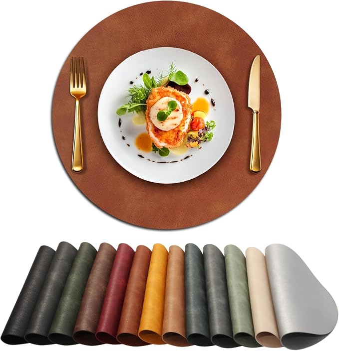 UnivoColors Placemats Round Faux Leather Placemats Set of 8-Waterproof-Wipe Clean-Heat Resistant-Anti Slip Dining Table Place Mats,Suitable for Indoor & Outdoor Use,15".Retro Reddish Brown