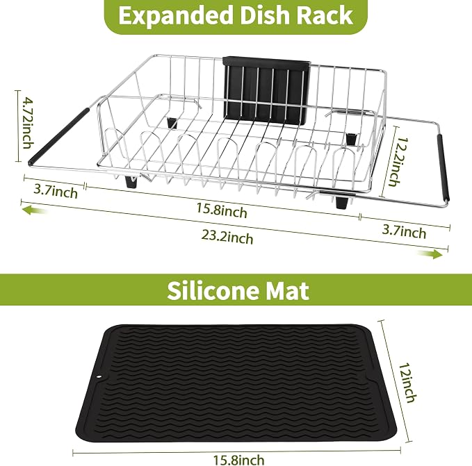 in Sink Expandable Dish Drying Rack with Silicone Mat-Extra Large Stainless Steel Dish Drainer Over The Sink with Utensil Holder, Applicable for Sink Width 16'-22' (Silver,23.2'*12.2')