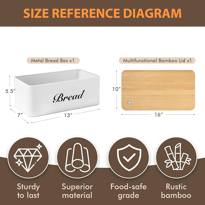 RYTOXILO White Bread Box for Kitchen Countertop, Metal Breadbox with One-Way Degassing Valve Bamboo Lid, Bread Storage Boxes Container for Homemade Bread, Sourdough Food Cutting Board