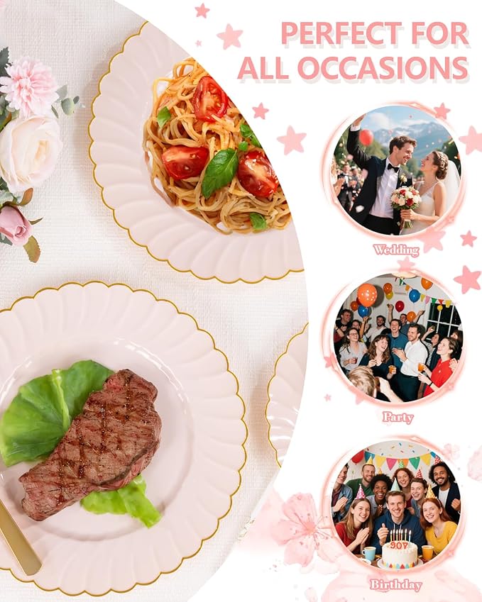 YOUBET 175PCS Pink Scalloped Plastic Plates for Party Wedding Baby Shower | Pink and Gold Disposable Dinnerware Set Include 50 Plates, 75 Gold Silverware, 25 Cups, 25 Napkins