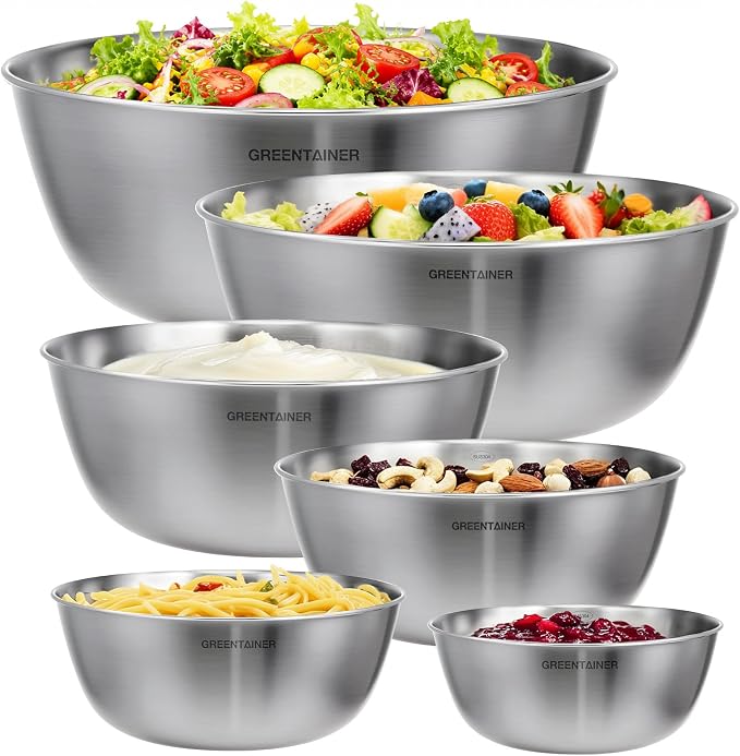Greentainer Stainless Steel Mixing Bowls Set of 6, Nesting Bowls with Measurement Markings, 7.6 to 0.8 Qt for Baking, Prepping, Cooking and Serving Food, Large Metal Kitchen Bowls Dishwasher Safe